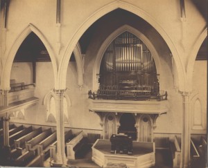 Original configuration with choir and minister placed on side where organ pipes are now situated.